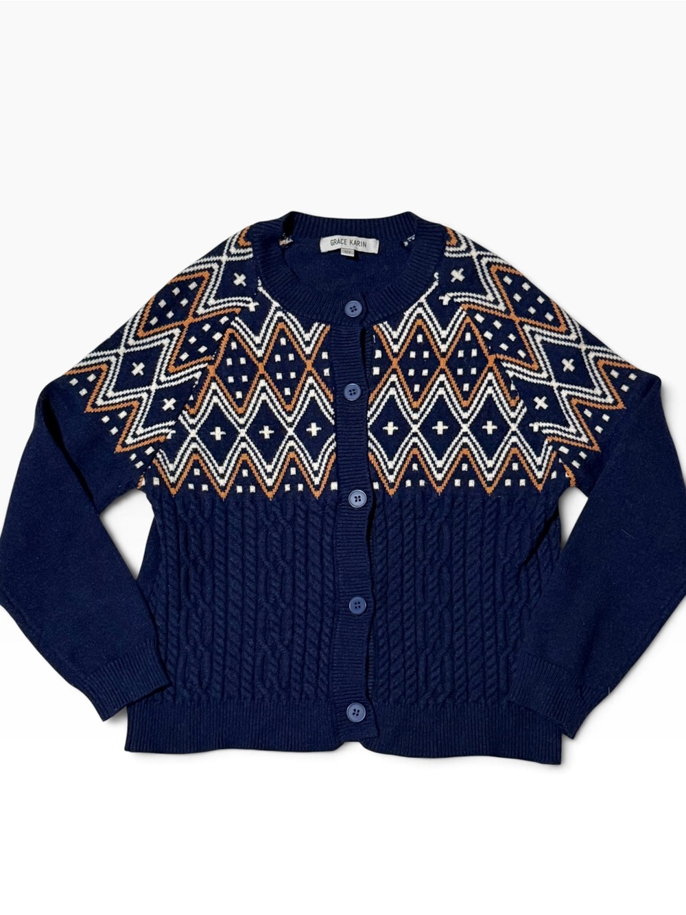 Grace Karin 12Y Navy Fair Isle Nordic Cardigan Sweater Geometric